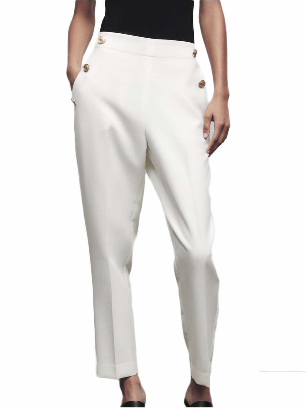 ZARA White Tailored High-Waist Pants with Gold Button Detail